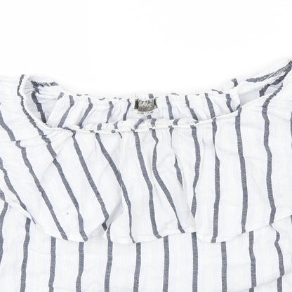 Close-up detail of BELOVED women’s blue striped basic blouse, size UK 38