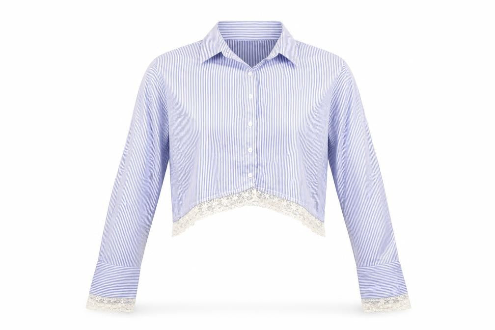 Fenn Wright Manson Womens Blue Striped  Cropped Button-Up Size XL  - Lace Hem