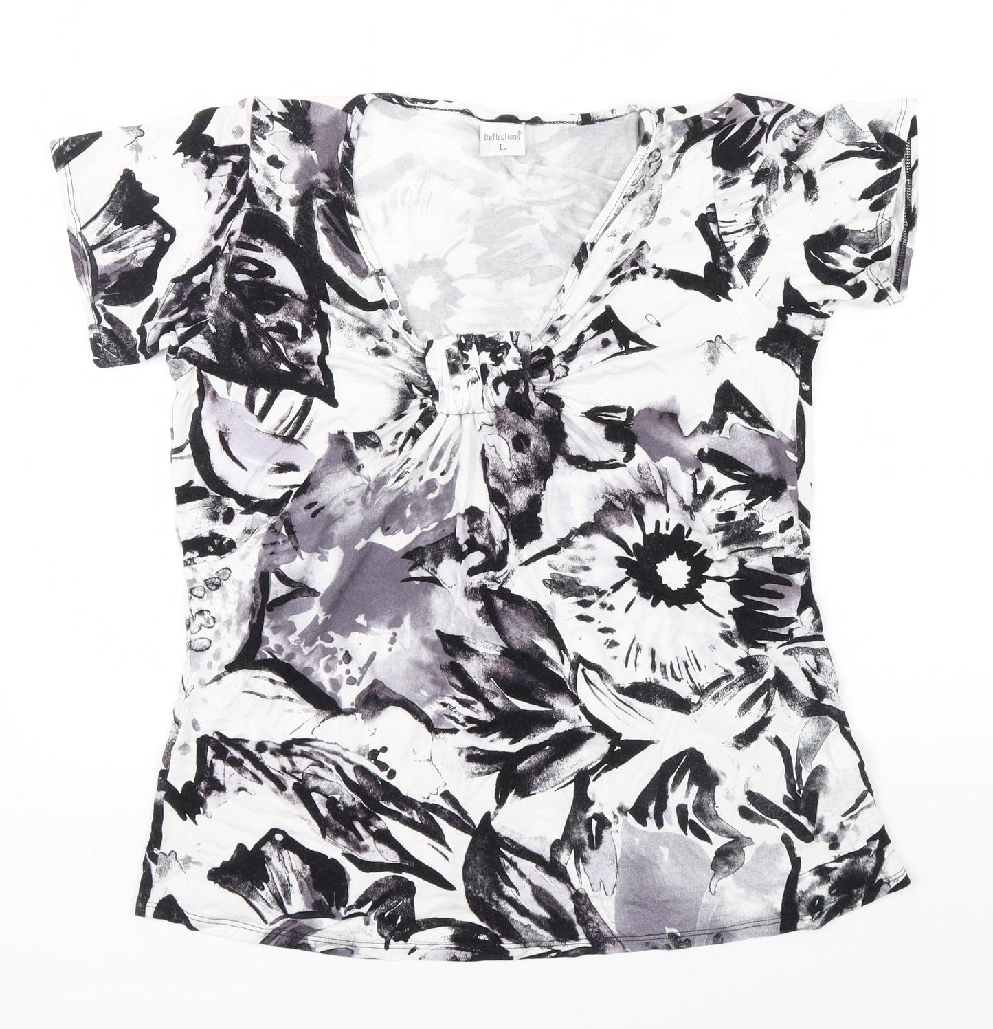 Reflections Womens Black Floral  Basic T-Shirt Size L  - Ruffle detail