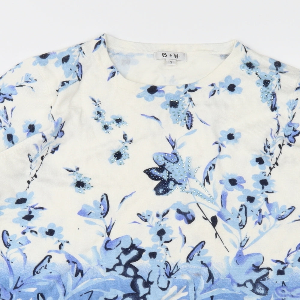 B&W Womens Blue Floral Knit Pullover Jumper Size S