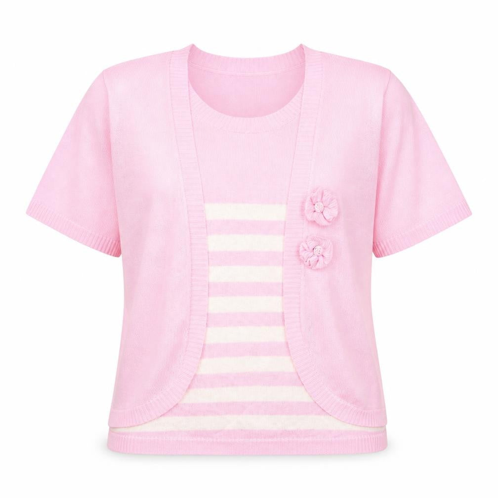 Fay Louise Womens Pink Striped  Basic T-Shirt Size L