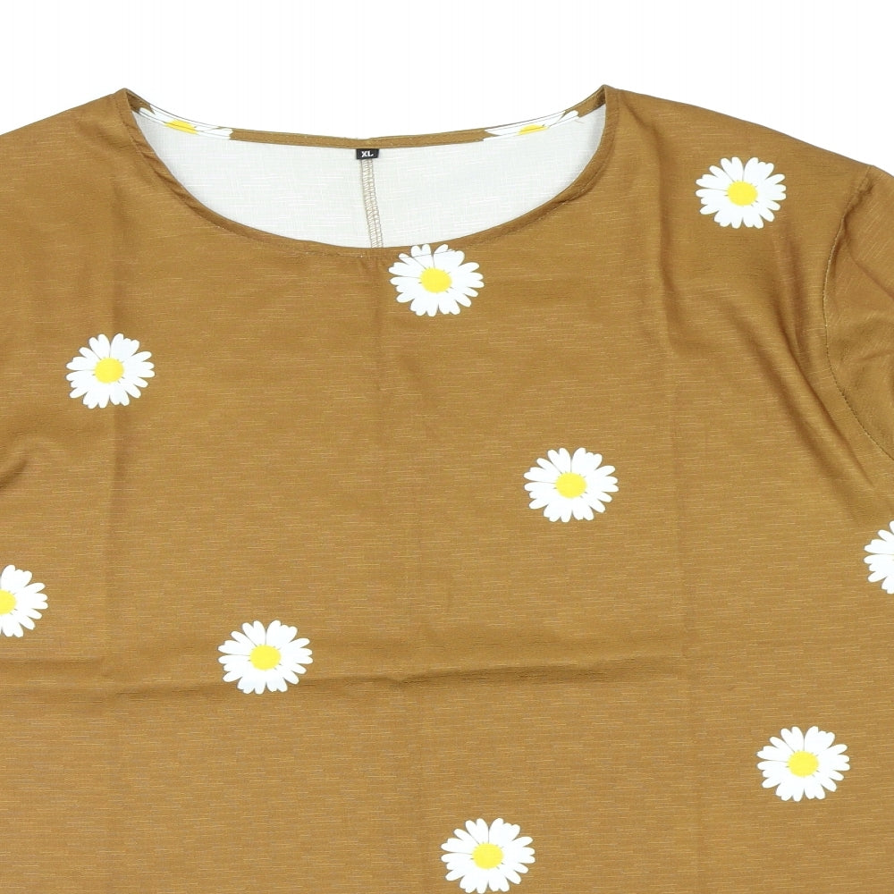 Preworn Womens Brown Floral  Basic T-Shirt Size XL