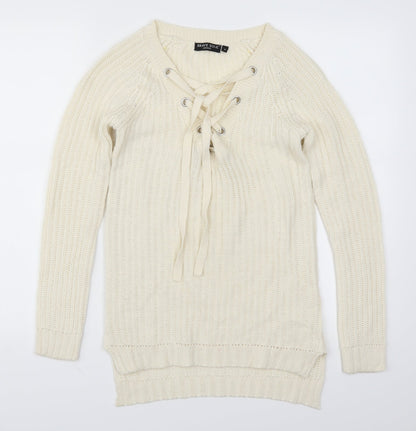 Preloved Brave Soul Womens Beige   Pullover Jumper Size 8  - Cream Lace Up - Front