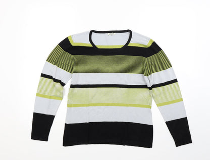 Preloved Text Womens Green Striped Knit Pullover Jumper Size M - Front