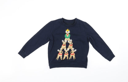 Preloved Lilly & Dan Girls Blue   Pullover Jumper Size 7-8 Years  - Raindeer - Front