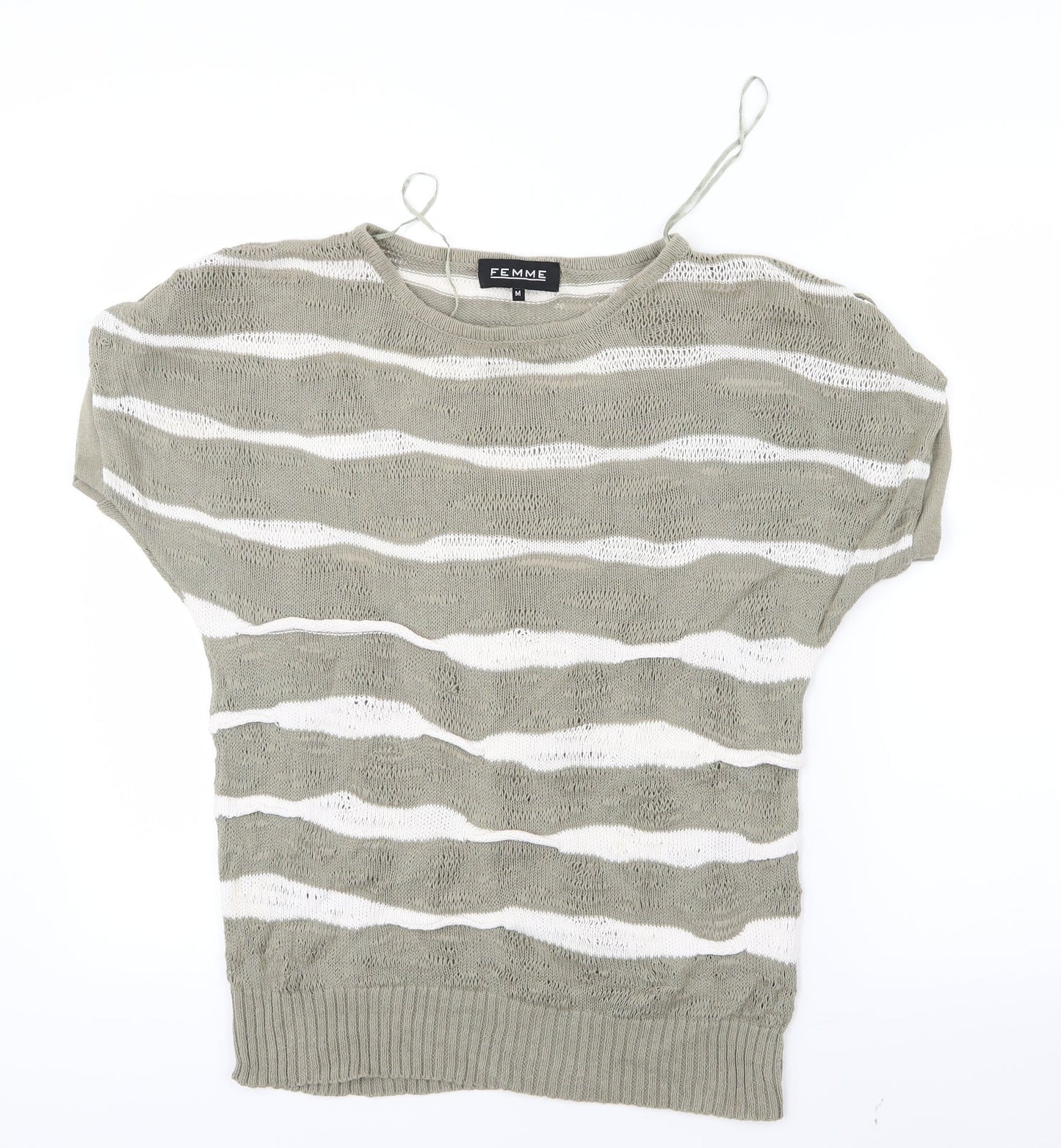 Femme Womens Green Striped Knit Basic T-Shirt Size M