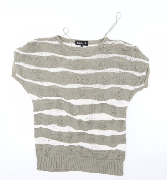 Femme Womens Green Striped Knit Basic T-Shirt Size M