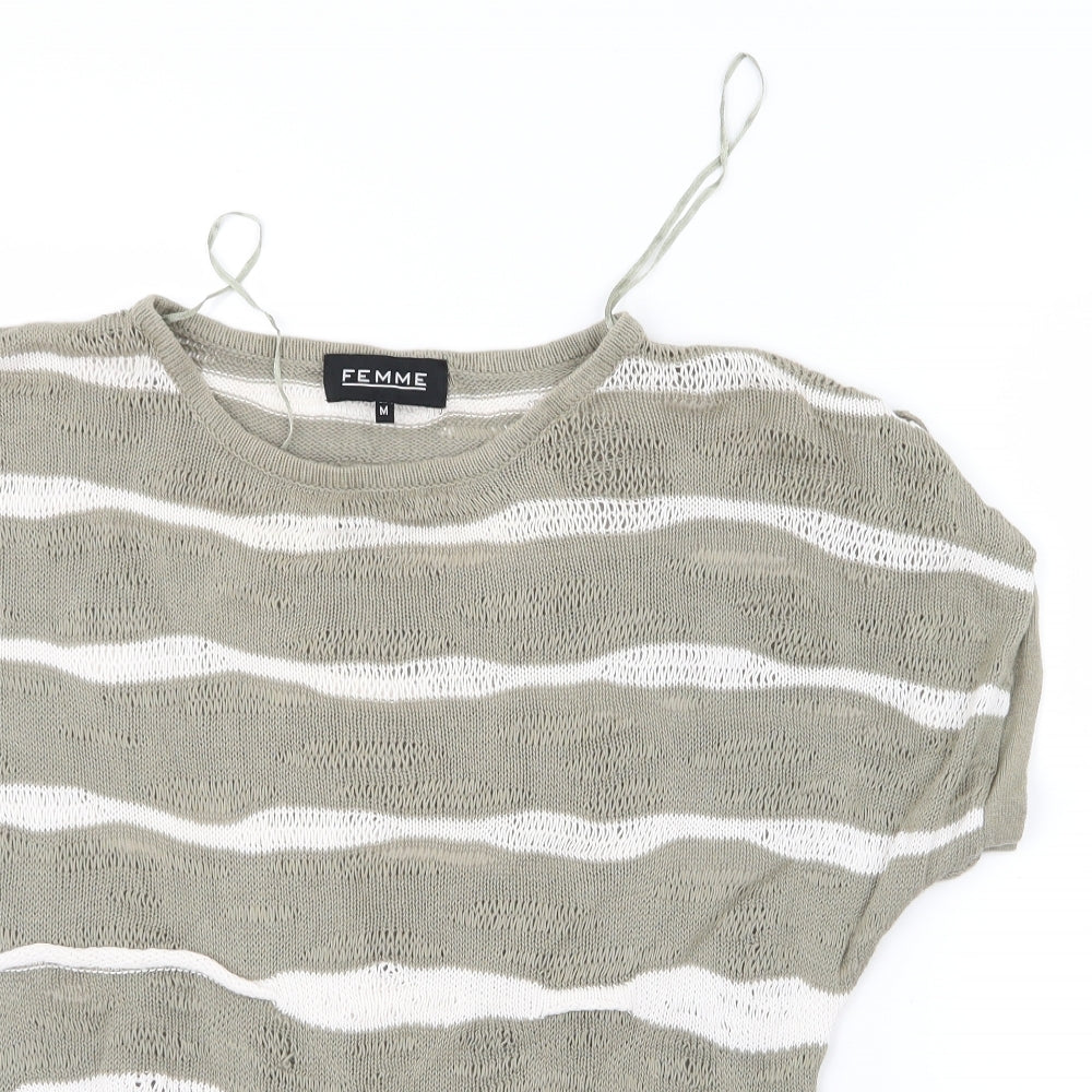 Femme Womens Green Striped Knit Basic T-Shirt Size M