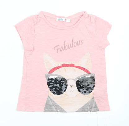 Preloved M&Co Girls Pink   Basic T-Shirt Size 5-6 Years  - Cat - Front