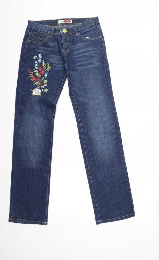 Preloved mandor line Womens Blue Floral Denim Straight Jeans Size 29 in L32 in - Front