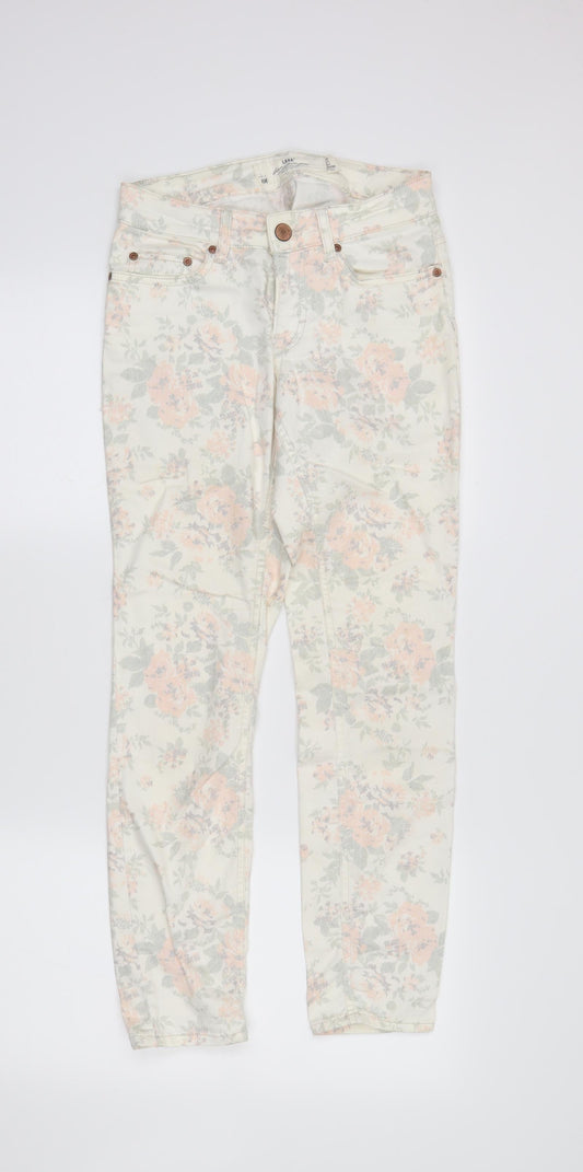 H&M Womens Ivory Floral Denim Skinny Jeans Size 8 L28 in