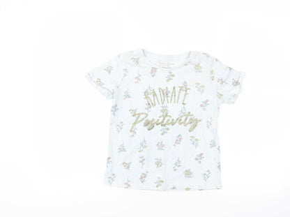 Preloved Primark Girls Blue Floral  Basic T-Shirt Size 7-8 Years  - slogan - Front