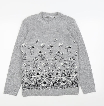 Preloved pure and natural Womens Grey Floral  Pullover Jumper Size M - Front