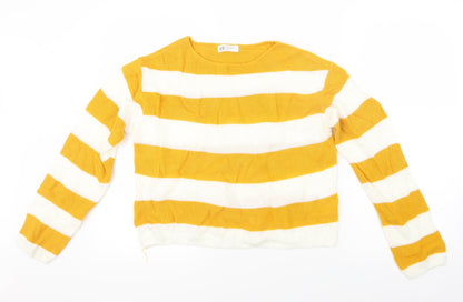 Preloved H&M Girls Yellow Striped Knit Pullover Jumper Size 15 Years - Front