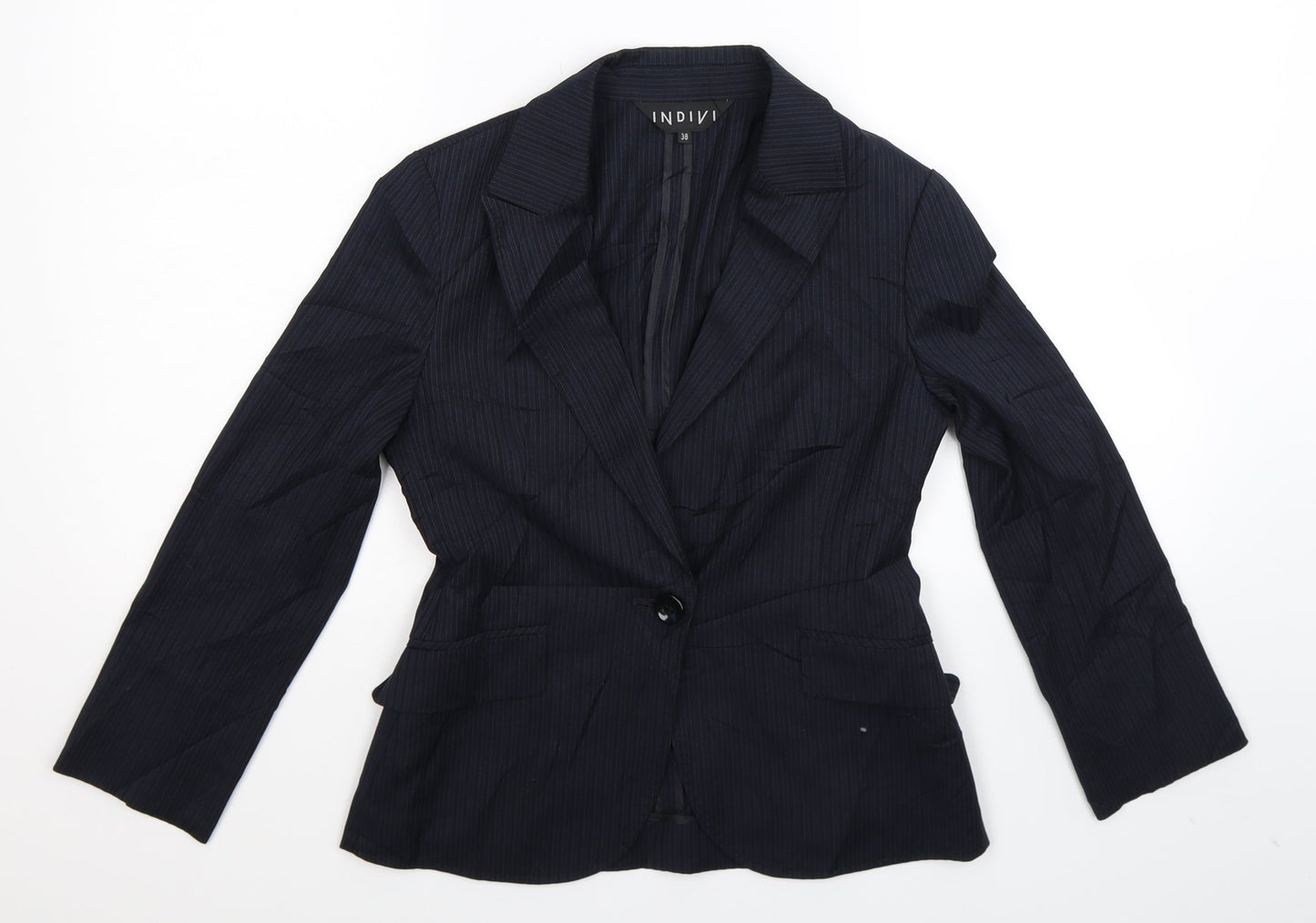 Indivia Womens Blue Striped  Jacket Suit Jacket Size 10