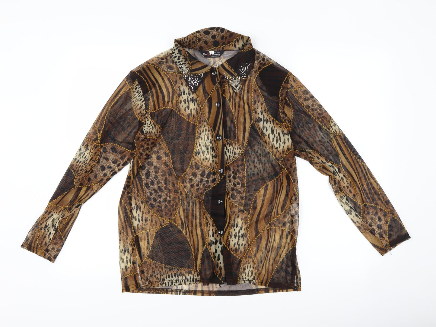 Donna Bella Womens Brown Animal Print  Basic Button-Up Size L
