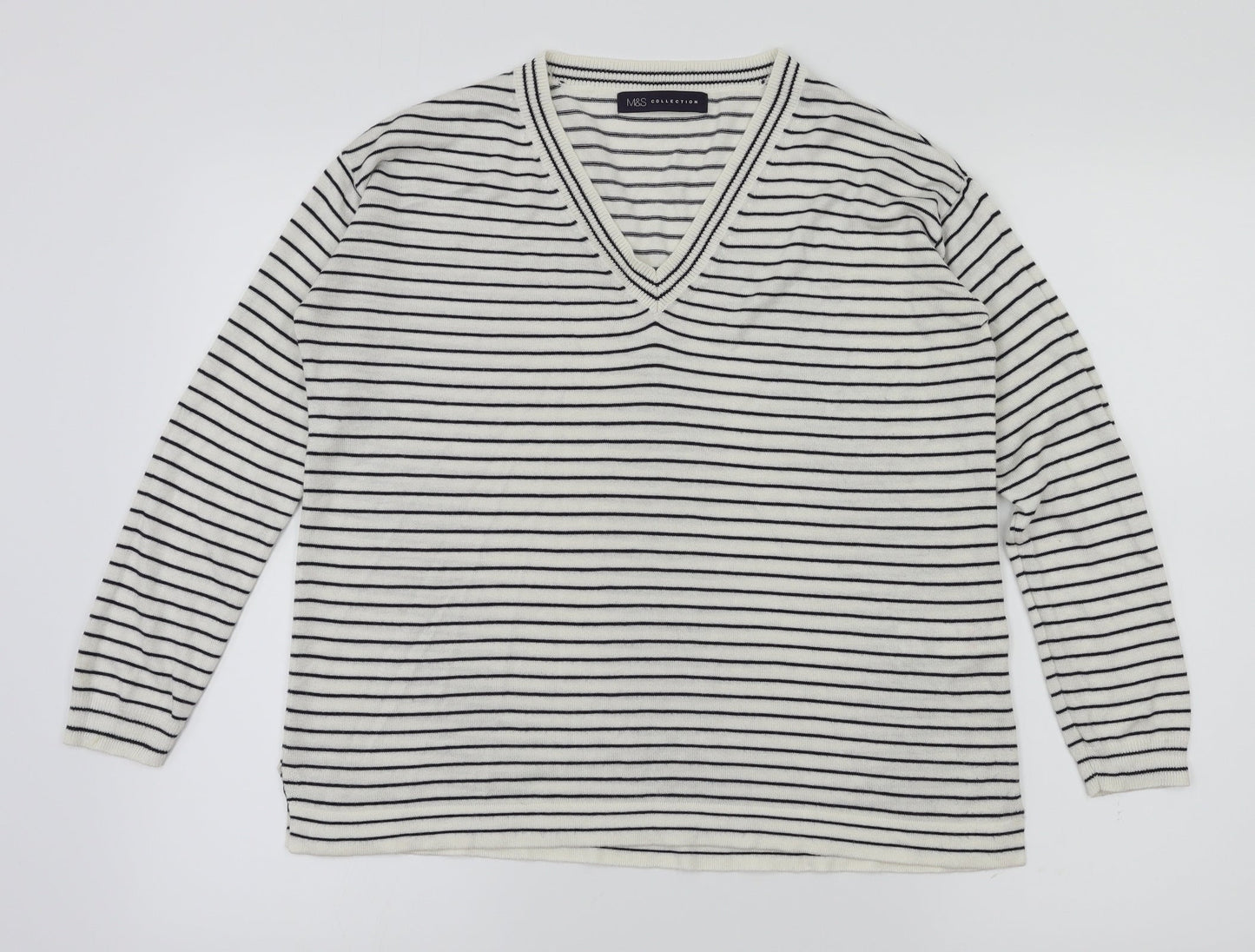 M&S Womens White Striped  Basic T-Shirt Size S