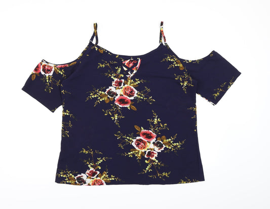 Preworn Womens Blue Floral  Basic Blouse Size 2XL