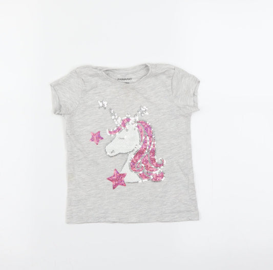 Primark Girls Grey   Basic T-Shirt Size 2-3 Years  - unicorn