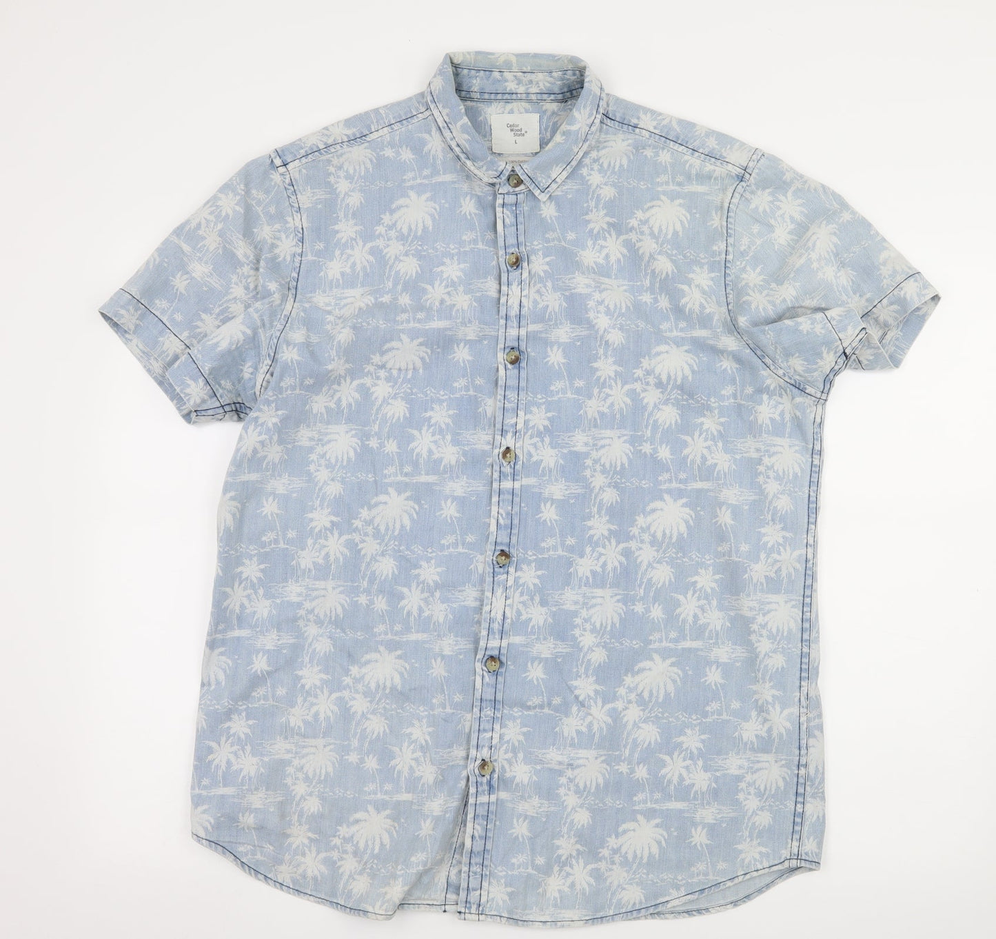 Cedar Wood State Mens Blue Geometric Denim  Button-Up Size L  - Palm Tree