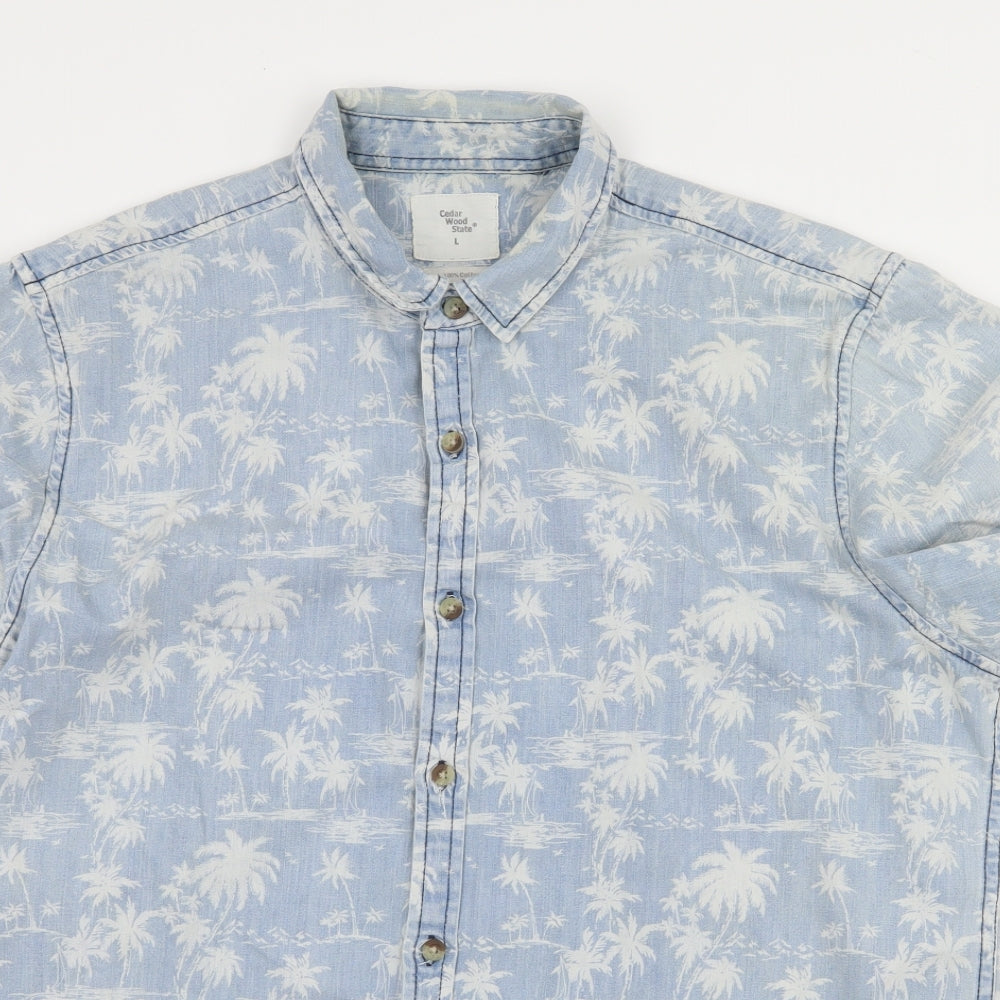 Cedar Wood State Mens Blue Geometric Denim  Button-Up Size L  - Palm Tree