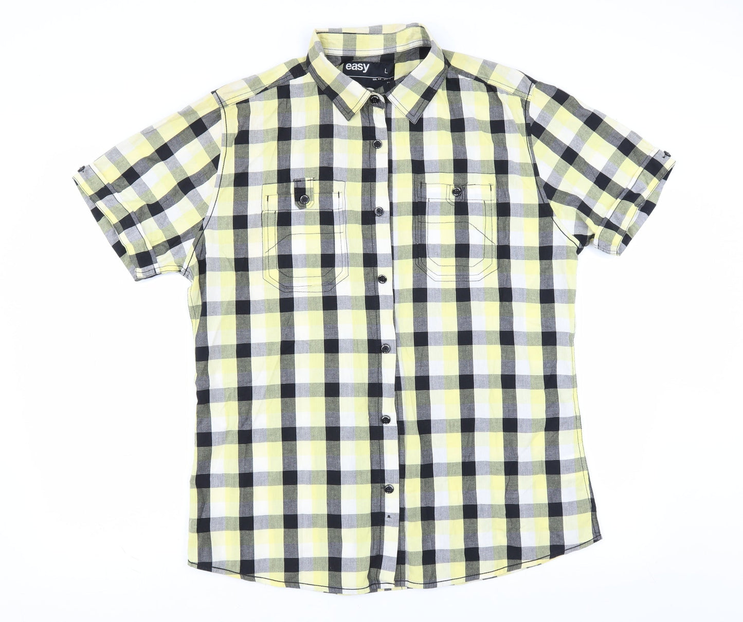 Easy Mens Yellow Check   Button-Up Size L