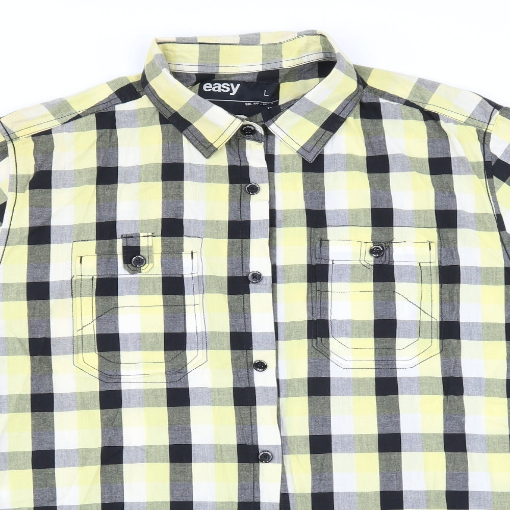 Easy Mens Yellow Check   Button-Up Size L