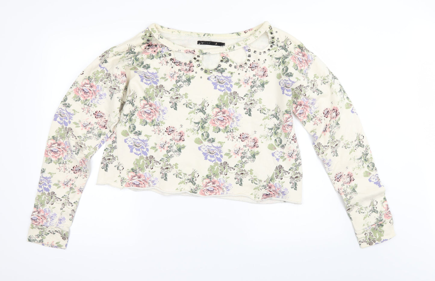 Crafted Womens Ivory Floral  Pullover Sweatshirt Size 14  - cropped