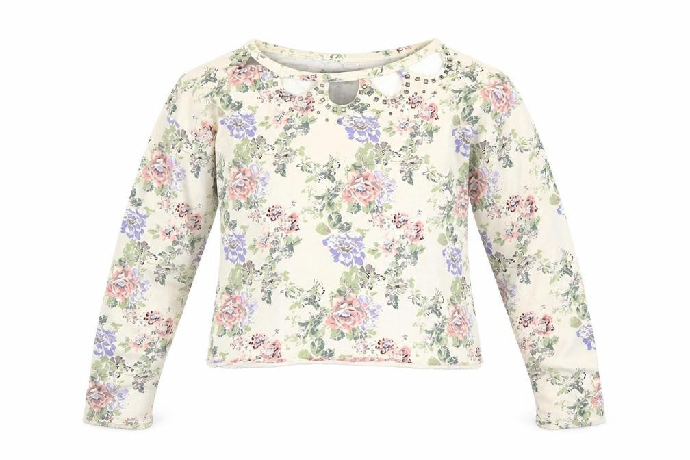 Crafted Womens Ivory Floral  Pullover Sweatshirt Size 14  - cropped
