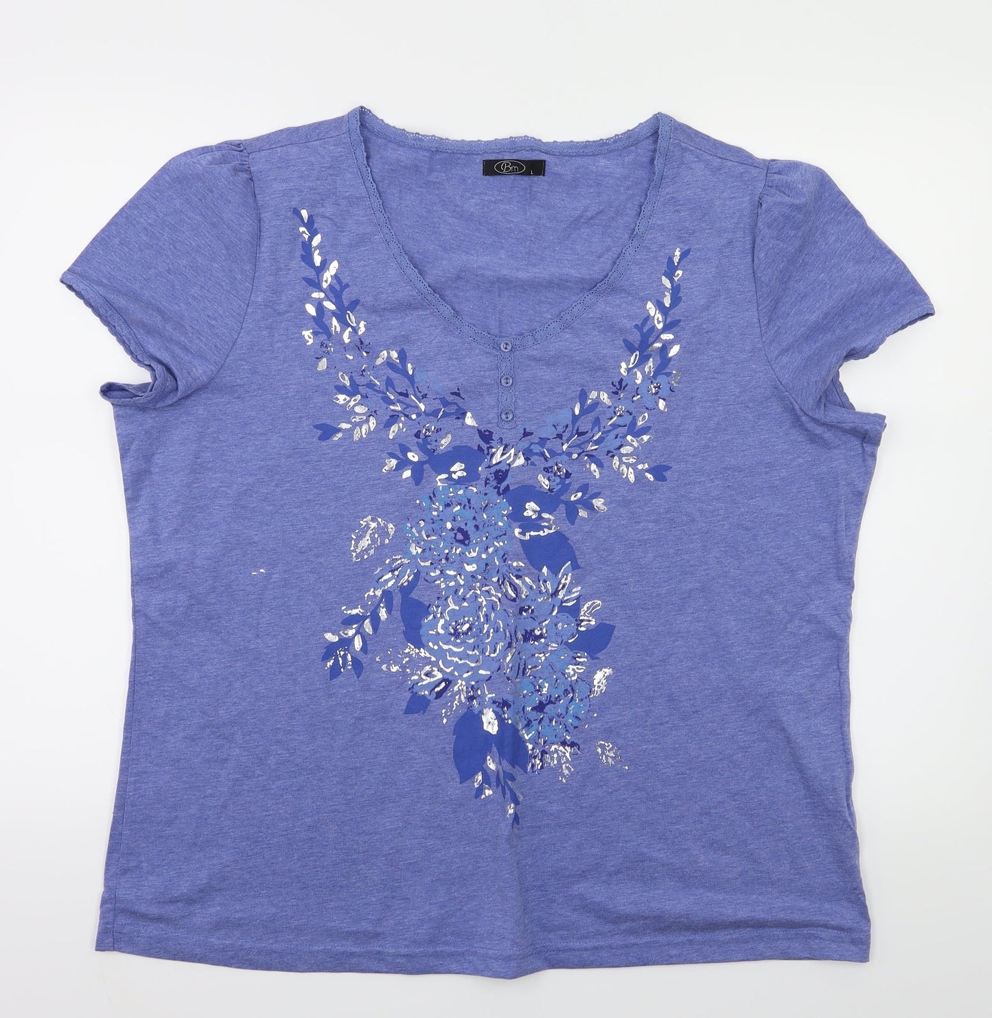 BM Womens Blue Floral  Basic T-Shirt Size L