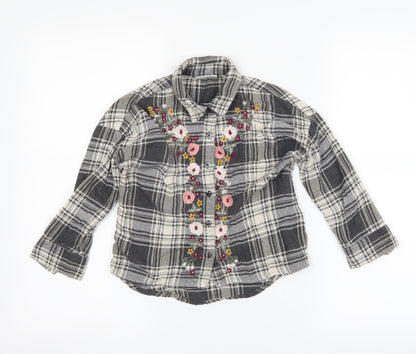 Preloved Matalan Girls Grey Check  Basic Button-Up Size 6 Years  - flowers - Front
