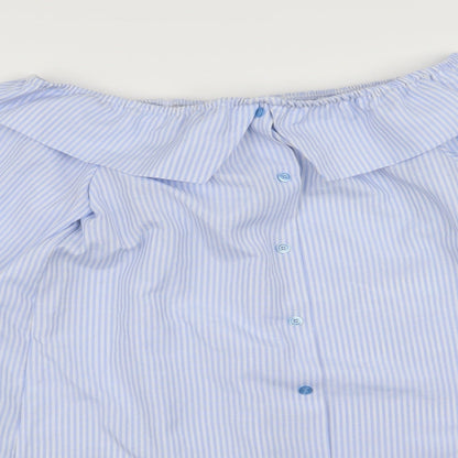 Close-up detail of Missguided women’s blue striped a-line, size UK 10