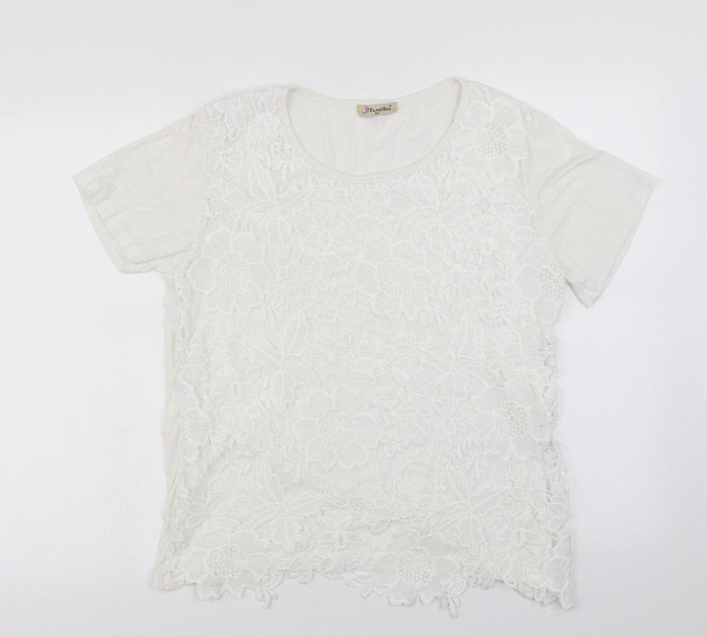 fanghua Womens White Floral  Basic T-Shirt Size M