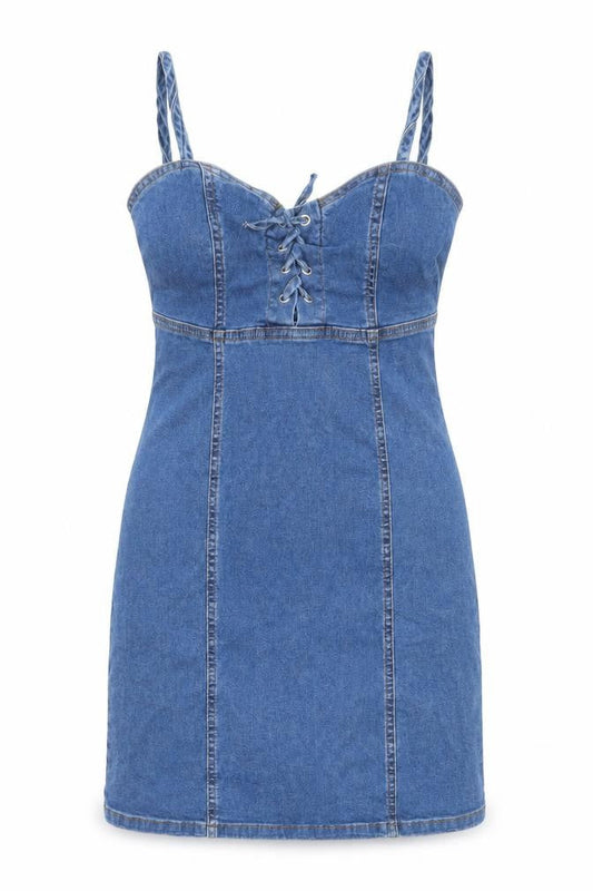 Front view of Denim & Co. women’s blue denim bodycon, size UK 6, - lace up detail