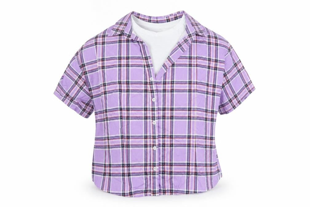 Bershka Womens Purple Check  Basic Button-Up Size L  - Cut Out Shoulder