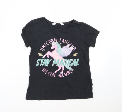 Preloved H&M Girls Black   Basic T-Shirt Size 9-10 Years  - Unicorn - Front