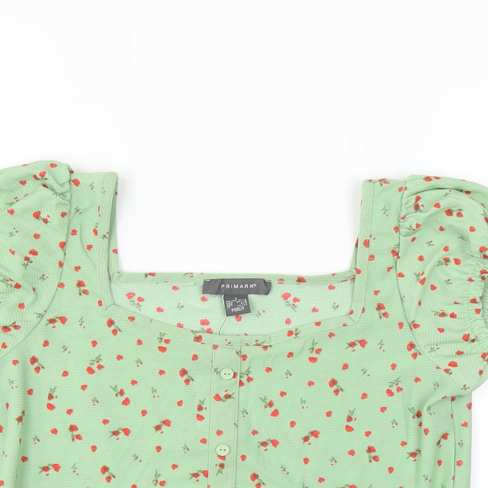 Primark Womens Green Floral  Basic Blouse Size S  - ruffle hem