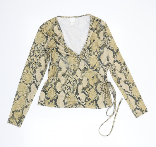 H&M Womens Yellow Animal Print  Wrap Blouse Size M  - snakeskin