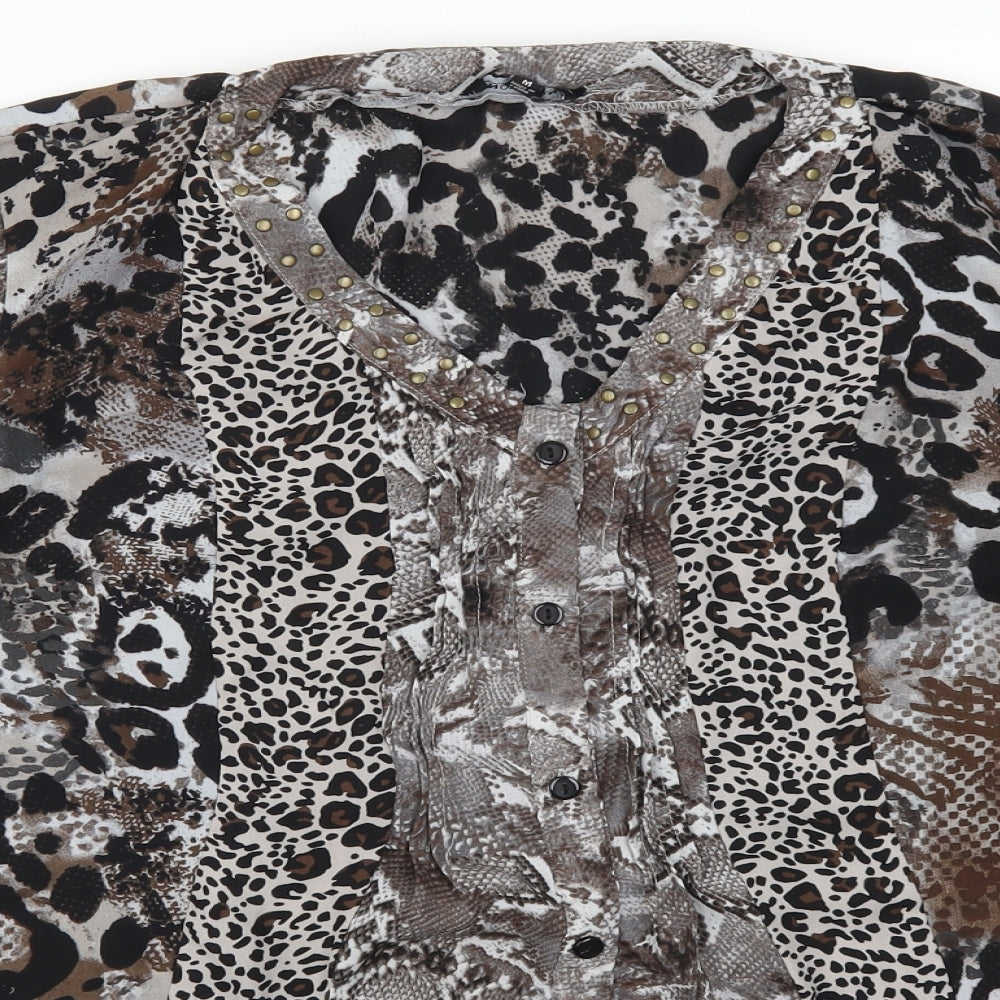 Notations Womens Brown Animal Print  Basic Button-Up Size M
