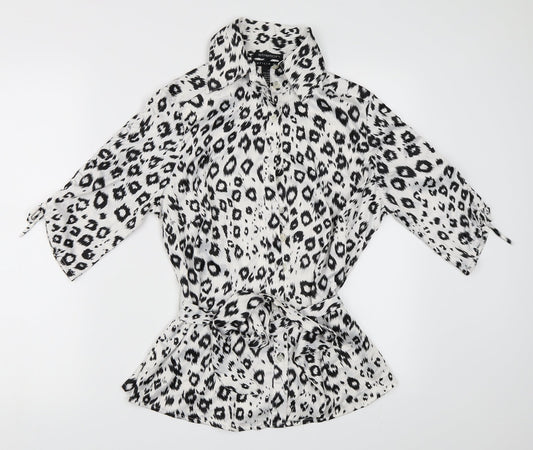 AntiliaFemme Womens White Animal Print  Basic Button-Up Size M