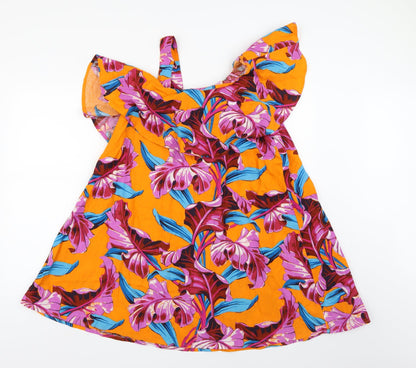 Back view of ASOS women’s orange floral a-line, size UK 8