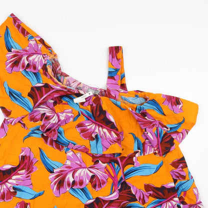 Close-up detail of ASOS women’s orange floral a-line, size UK 8