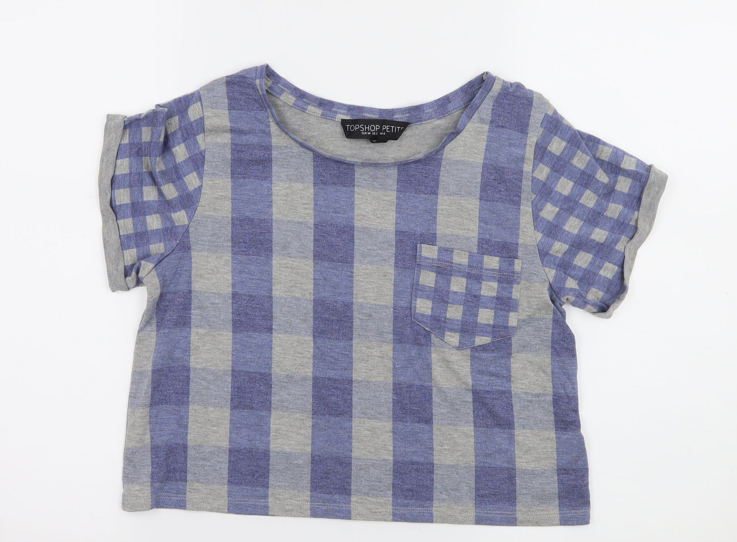 Topshop Womens Blue Check Jersey Basic T-Shirt Size 6