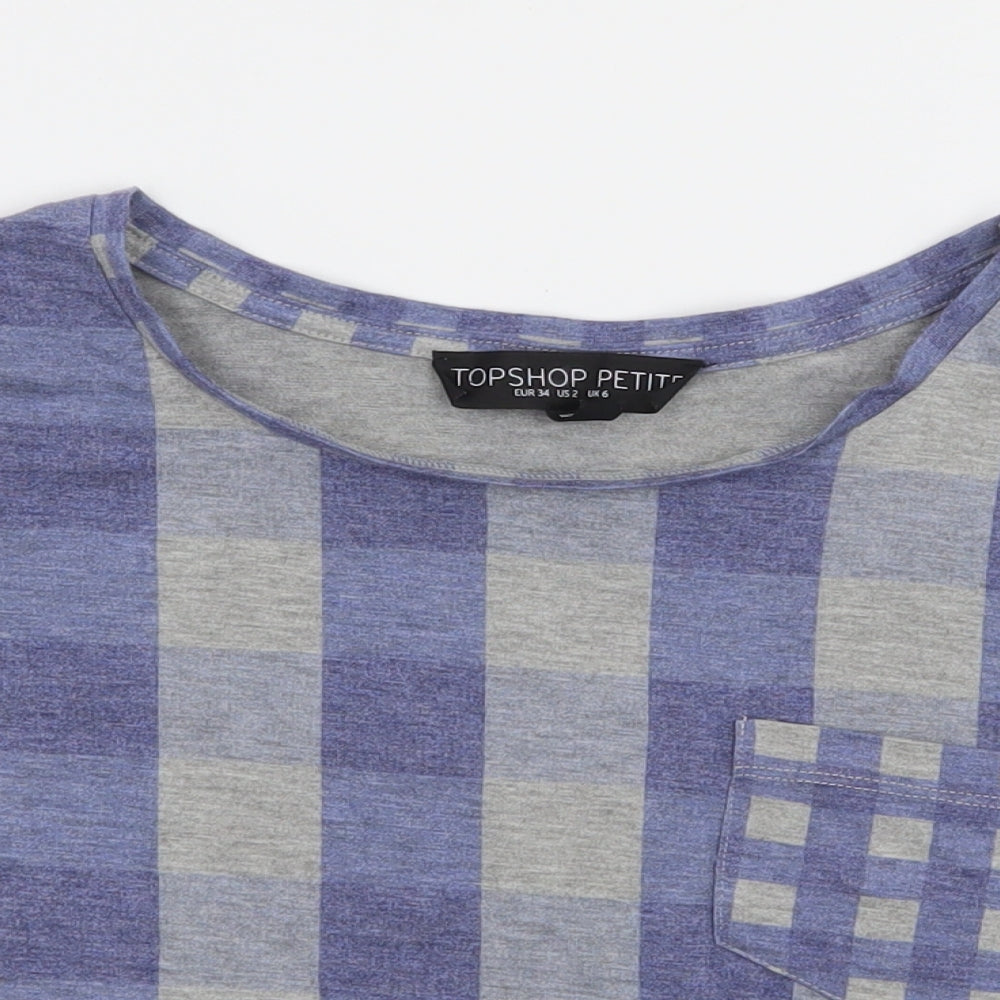 Topshop Womens Blue Check Jersey Basic T-Shirt Size 6