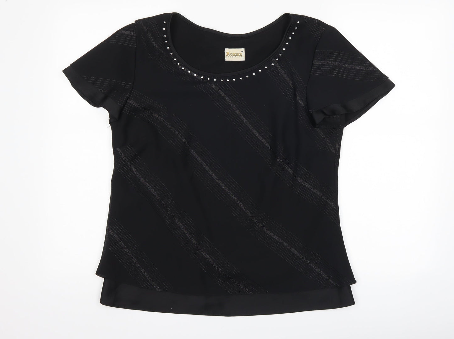 Roman Womens Black Striped  Basic T-Shirt Size 14