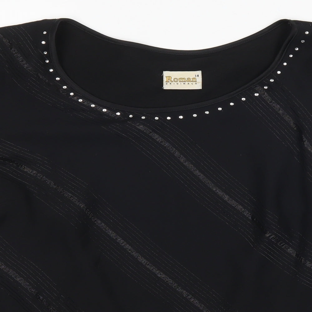 Roman Womens Black Striped  Basic T-Shirt Size 14