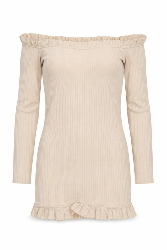 Front view of Missguided women’s beige striped bodycon, size UK 4