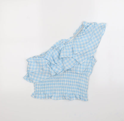 Boohoo Womens Blue Plaid  Basic Blouse Size 14