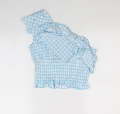 Boohoo Womens Blue Plaid  Basic Blouse Size 14