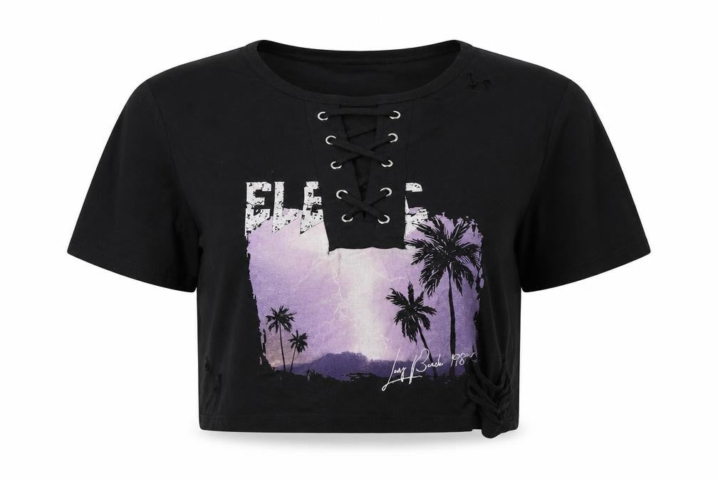 Select Womens Black   Cropped T-Shirt Size 12  - Distressed